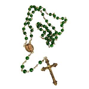Fatima Green Bead Gold Cross Rosary Crucifix Queen Mother Virgin Mary Catholic
